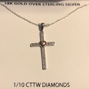 = NEW = ROSE GOLD HEART ON CROSS SILVER NECKLACE